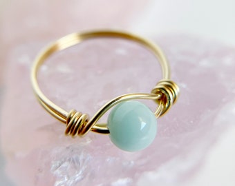 Green Moonstone Wire Wrapped Ring, Sterling Silver, 14k Yellow or Rose Gold Filled, Round Gemstone Ring, Stacking Ring, Custom Sized Ring