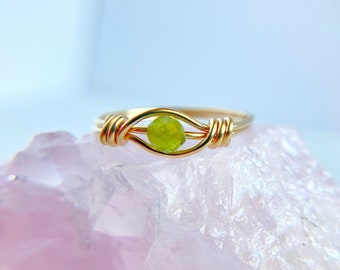 Green Peridot Wire Wrapped Ring, Sterling Silver, 14k Yellow or Rose Gold Filled, Dainty Round Gemstone Ring, Stacking Ring Custom Size Ring