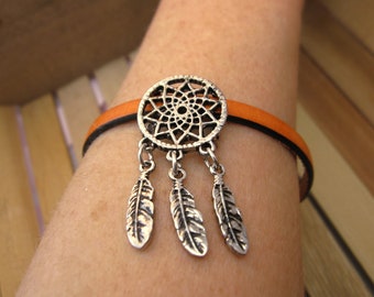 Leather Bracelet, Dreamcatcher Wrap, Rust Orange Bracelet, Magnetic Clasp, Gift For Her Him Mom, Southwestern Bracelet, Womens Mens Bracelet