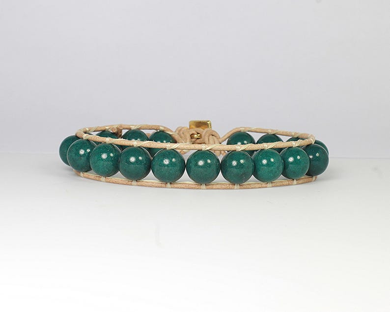 Green Jade Gemstone Bracelet Boho Style Woven Leather Bracelet Earthy