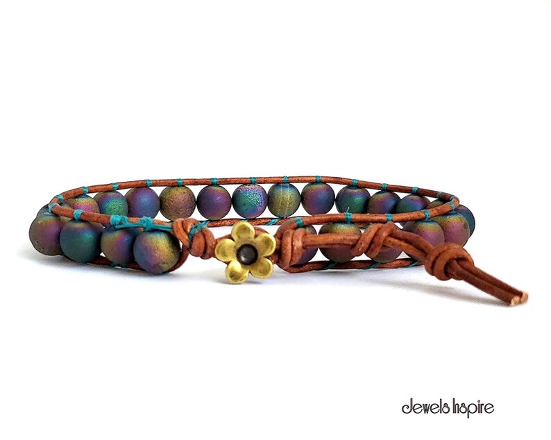 Leather Bracelet Rainbow Druzy Agate Gemstone Wrap Braided Etsy