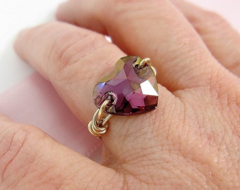 Purple Crystal Heart Ring, Mothers Day Gift, Personalization, February Birthstone, Big Heart Shaped Promise Ring, Statement Cocktail Ring