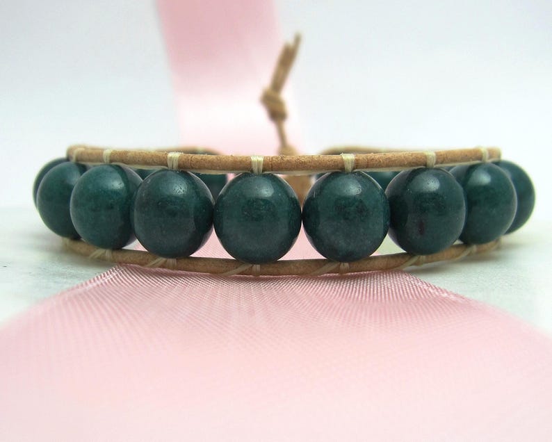 Green Jade Gemstone Bracelet Boho Style Woven Leather Bracelet Earthy