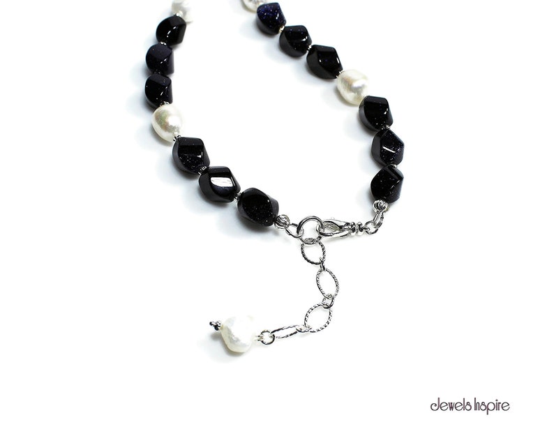Navy Blue Goldstone Beaded Necklace Cultured White Freshwater Etsy