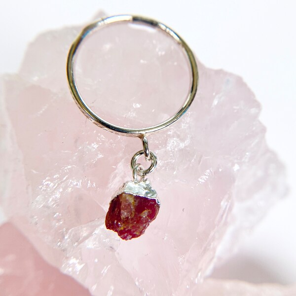 Sterling Silver Ring With Raw Ruby Charm, Red Sapphire Gemstone Dangle, July Birthstone, Smooth or Textured Band, Custom Made Size 5 6 7 8