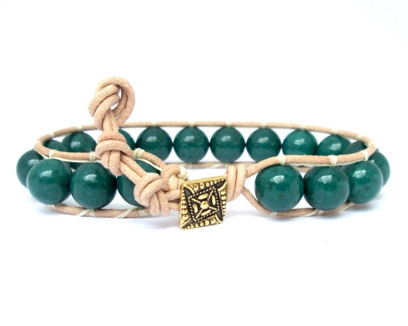Green Jade Gemstone Bracelet Boho Style Woven Leather Bracelet Earthy