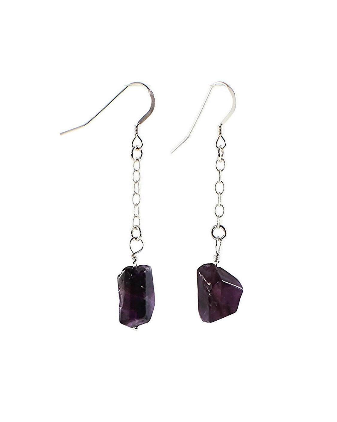 Natural Amethyst Gemstone Earrings, Raw Purple Stone Drops, February Birthstone, Sterling Silver Hooks Unisex Custom Length Gift for Her Him