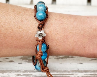 Gemstone Bracelet, Natural Blue Lace Agate Stones, Skinny Genuine Brown Leather, Pewter Flower Button Clasp, Beaded Woven Braided Bracelet