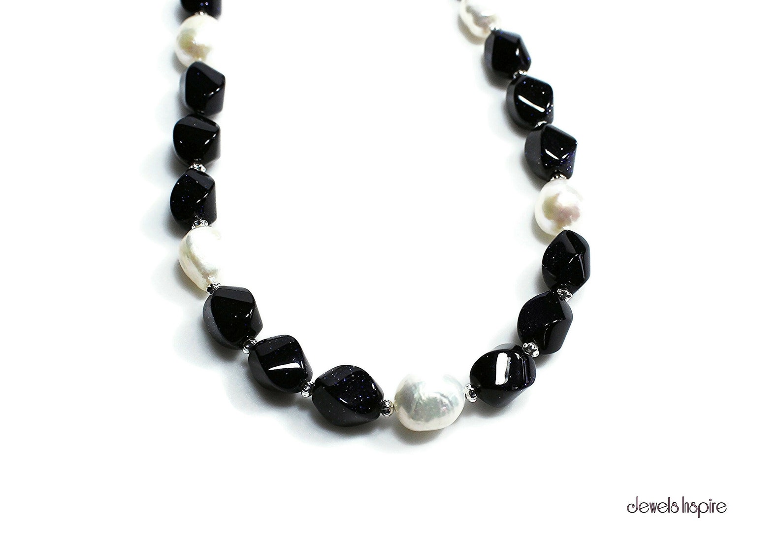 Navy Blue Goldstone Beaded Necklace Cultured White Freshwater Etsy