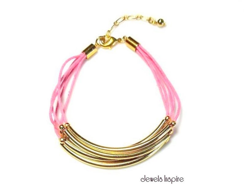 Gold Tube Bracelet 22K Goldplated Tubes Pink Cotton Cord Etsy