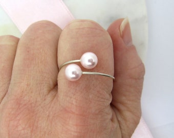 Pink Pearl Ring, Open Cuff Ring, Dual Stone Ring, Spiral Coil Ring, Gold Silver Ring, Twisted Wrap Ring, Bypass Stone Ring, Multi-Stone Ring