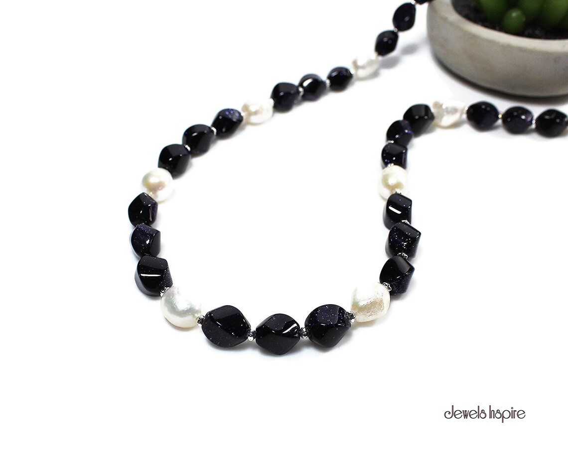 Navy Blue Goldstone Beaded Necklace Cultured White Freshwater Etsy
