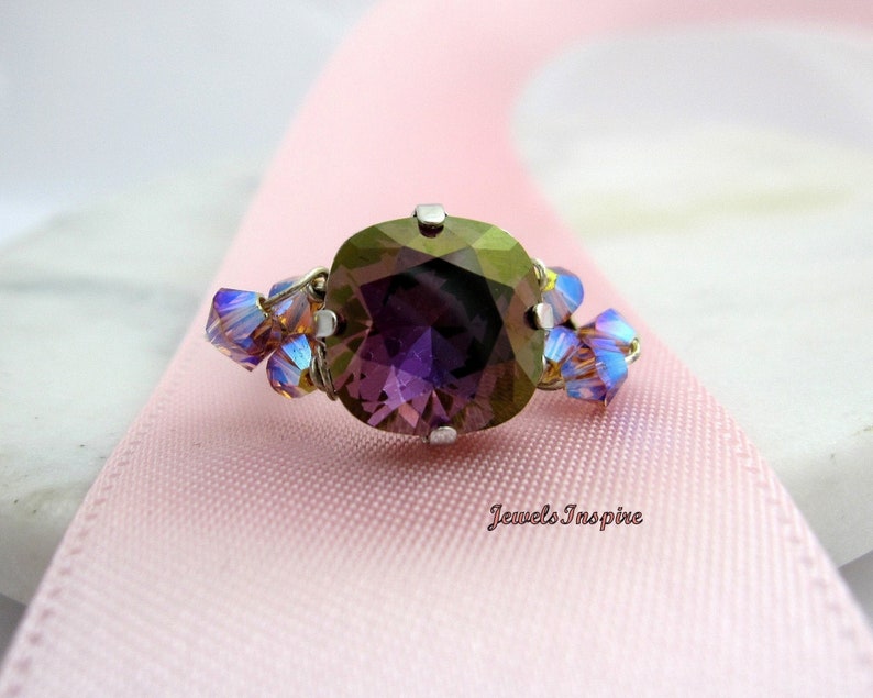 Ring with Lavender /& Lilac Swarovski Crystal in Sterling Silver