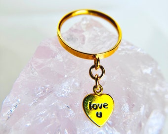 14K Gold Filled Ring With Heart Charm, Love U Engraved Heart Charm, Heart Dangle Ring, Personalization Custom Made, Mothers Day, Size 4 5 7