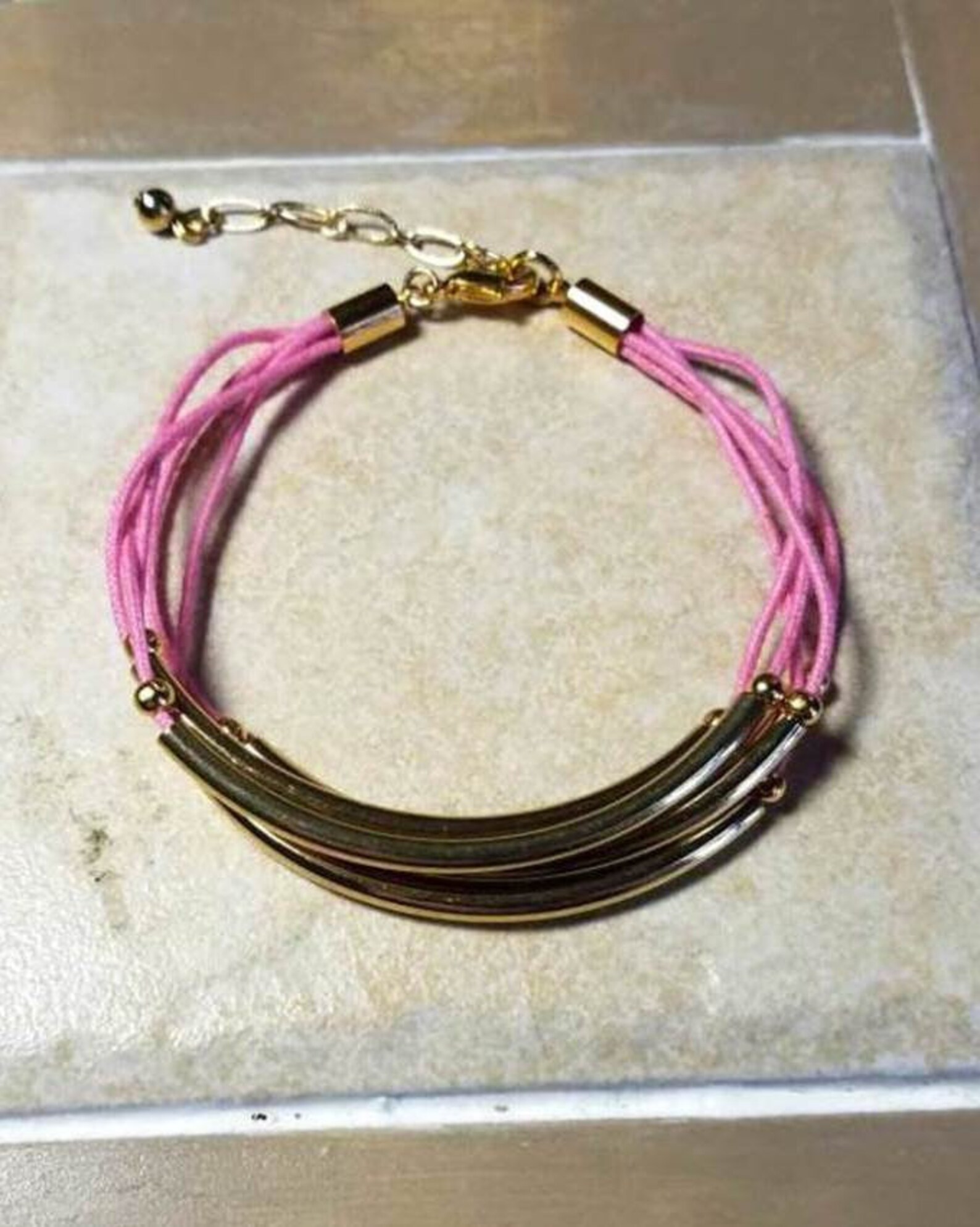 Gold Tube Bracelet 22K Goldplated Tubes Pink Cotton Cord Etsy