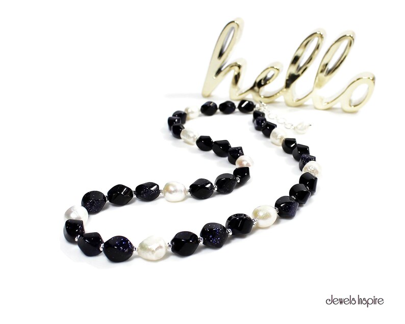 Navy Blue Goldstone Beaded Necklace Cultured White Freshwater Etsy