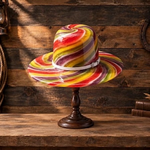 Pode incluir: Um chapéu de aba larga com um padrão de redemoinho brilhante e multicolorido em tons de vermelho, amarelo, roxo e verde. O chapéu tem uma copa arredondada e uma faixa branca fina em torno da base da copa, apoiado num suporte de madeira.