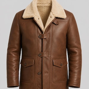 Men's Brown Leather Car Coat, Faux Shearling Collar, Toggle Button Western Jacket