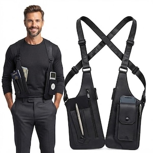 Luxury Faux Leather Chest Rig Bag, Shoulder Strap Tactical Crossbody Bag, Multi Pocket Antitheft Unisex Travel Holster Phone Passport Holder