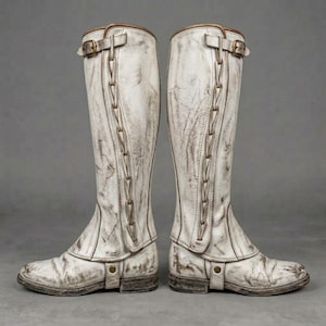 May include: A pair of knee-high boots in a distressed white finish with brown undertones. Each boot features a vertical lace-up detail along the outer side, a buckled strap at the top, and a small metal stud accent near the base of the ankle.