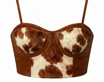 Cowhide Leather Bustier Top | Hair-on Hide Corset Crop Jacket | Western Bralette