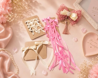 Fairy Lace Ribbon Hair Accessories Set | Pink & Ivory Coquette Hair Bows | Handmade by Curintik