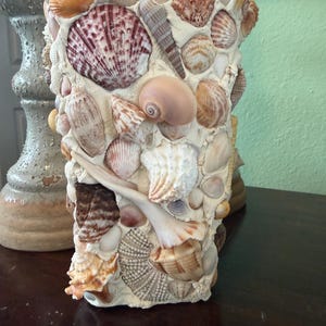 Puede incluir: Un jarrón cilíndrico cubierto por un denso mosaico de diversas conchas marinas incrustadas en un material blanco texturizado. Las conchas presentan formas, tamaños y colores variados, incluyendo tonos marrones, beige, naranjas y blancos.