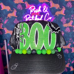 Halloween-truckerkeps som lyser i mörkret | BOO-hatt med paljettmärken | Skelett- och fladdermushatt | Boutique-hatt för kusligan | Söt Halloween-keps