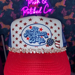 American Babe Trucker Hat | Patriotic Rhinestone Hat | 4th of July Hat | USA Sparkle Baseball Cap | Red White Blue Cowgirl Hat | Women’s Pat