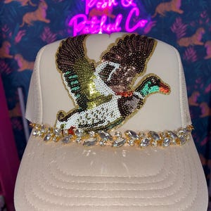 Gorra de camionero con diamantes de imitación de pato ánade real / Gorra personalizada con diamantes brillantes de pato / Regalo de caza de patos para mujeres / Gorra brillante de estilo campestre / Gorra de aves acuáticas
