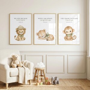 Christian Safari Nursery Wall Art Set of 3, Bible Verse Prints Neutral, Baby Room Decor, Lion Monkey Cheetah, Digital Download Printable