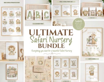 Safari Nursery Bundle | Printable Wall Art, Milestone Cards, Birth Stats, Bible Prints, Alphabet, Custom Name, Baby Decor | Baby Shower Gift