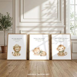 Christian Safari Nursery Wall Art Set of 3, Bible Verse Prints Neutral, Baby Room Decor, Lion Monkey Cheetah, Digital Download Printable