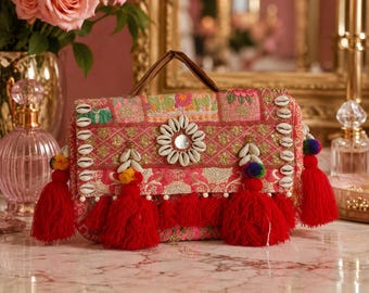 Handmade Red Boho Clutch Bag with Cowrie Shells, Mirror Work & Tassels, Embroidered Indian Wedding Purse, Festival Handbag