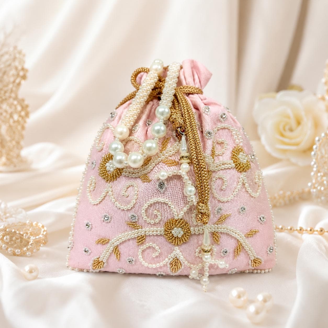 Blush Pink Potli Bag, Pearl Gold Beadwork, Bridal Drawstring Purse, Festive Evening Bag