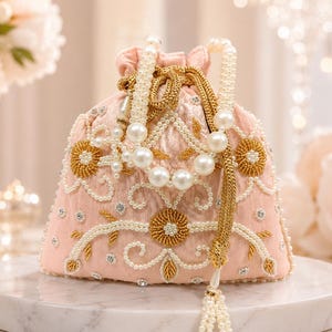 Peach Pearl Potli Bag, Embroidered Indian Wedding Purse, Bridal Drawstring Clutch, Bridesmaid Gift, Evening Handbag