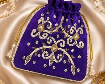 Purple Embroidered Potli Bag with Pearl Handle, Gold Beaded Indian Wedding Purse, Bridal Handbag, Festive Ethnic Clutch, Gift for Her