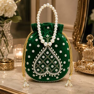 Emerald Green Silk Potli Bag, Pearl Beaded Wedding Purse, Gold Embellished Drawstring Handbag, Bridal Festive Clutch, 9x9 Inch