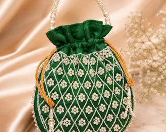 Emerald Green Pearl Beaded Potli Bag, 9x9 Inch Bridal Handbag, Indian Wedding Purse, Festive Drawstring Bag, Bridesmaid Gift