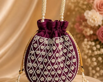 Plum Purple Pearl Beaded Potli Bag, 9x9 Inch Indian Wedding Purse, Bridal Handbag, Drawstring Evening Bag, Bridesmaid Gift