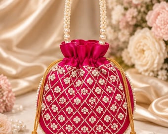 Hot Pink Pearl Beaded Potli Bag, 9x9 Inch Indian Wedding Purse, Fuchsia Bridal Handbag, Drawstring Evening Bag, Bridesmaid Gift