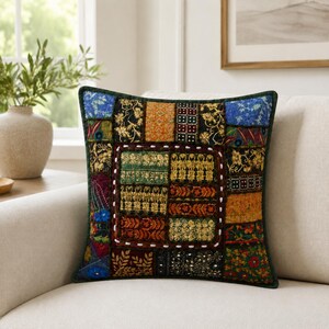 Green Embroidered Patchwork Pillow Cover 16x16, Boho Indian Cushion Cover, Colorful Floral Accent Pillow, Sofa Chair Bed Decor