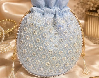 Light Blue Pearl Beaded Potli Bag, Indian Wedding Purse, Bridal Drawstring Handbag, Embroidered Festive Clutch, Bridesmaid Gift