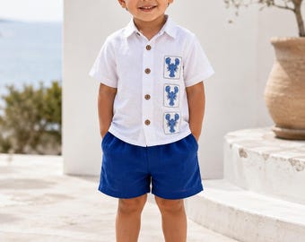 Baby Boy Lobster Outfit, White Shirt, Blue Shorts, Summer Beach Clothes