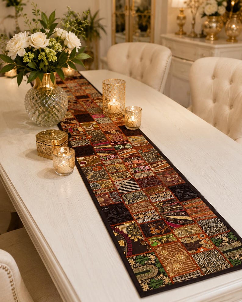 May include: A long rectangular table runner featuring a patchwork design of various dark-toned fabric squares. Each square displays intricate embroidery, metallic thread accents, and small mirror embellishments in shades of gold, red, and black.