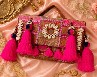 Handmade Pink Boho Clutch Bag with Cowrie Shells, Mirror Work & Tassels | Embroidered Festival Purse | Indian Wedding Party Handbag