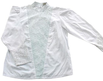 Womens Vintage 80s White Lace Panelled Top Blouse UK 12