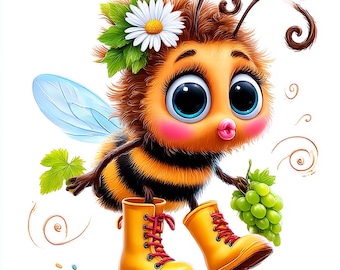 14 PNG Fantastyczne ogrodnicze pszczoły Clipart – Akwarelowe wiosenne ilustracje trzmieli na kartki, do rękodzieła i dekoracji pokoju dziecięcego, do pobrania w wersji cyfrowej