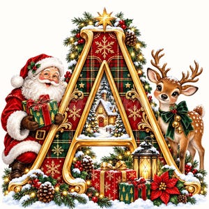 Può includere: Una grande lettera A decorativa con motivo scozzese rosso e verde, decorata con una scena invernale innevata, Babbo Natale che tiene un regalo, una renna con un fiocco verde, regali incartati, rami di pino, pigne e una lanterna accesa.