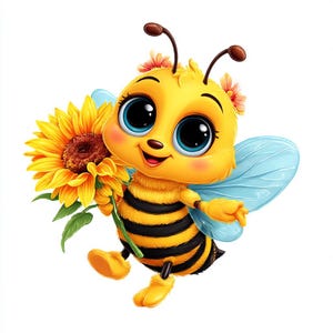 May include: A cartoon bee with large blue eyes, yellow and black stripes, and translucent light blue wings. The bee has pink cheeks and is holding a bright yellow sunflower with a brown center and green leaves in its small hand.